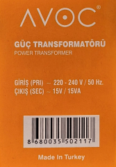 Avoc 15 Volt 15 Watt Güç (Zil) Transformatörü Raylı Sistem