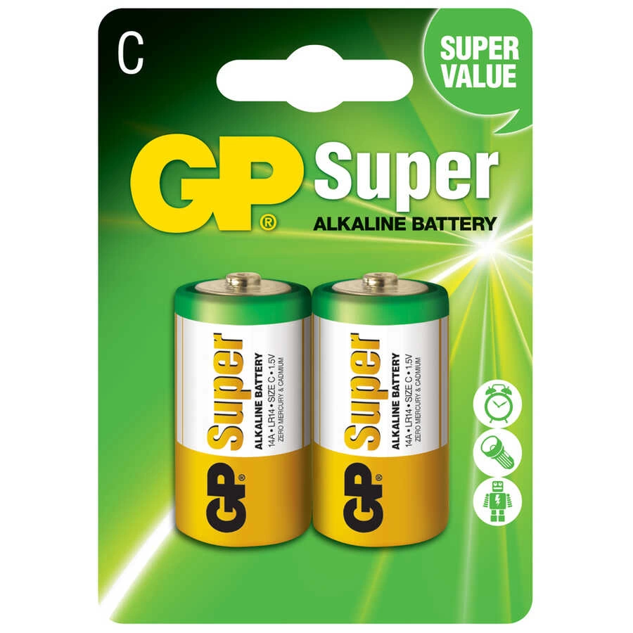 GP Batteries GP14A Süper Alkalin LR14/E93/C Orta Pil, 1.5 Volt, 2'li Kart